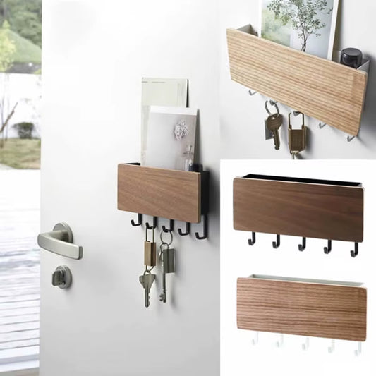 Estante de Pared de Madera con Ganchos – Organizador Decorativo para Llaves y Accesorios