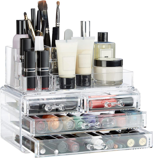Organizador de Maquillaje Acrílico con 4 Cajones – Transparente y Compacto para Tocador o Baño